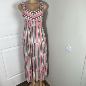 Angie Midi Dress Juniors L Babydoll Strap Boho Wide Striped  Tiered Elastic